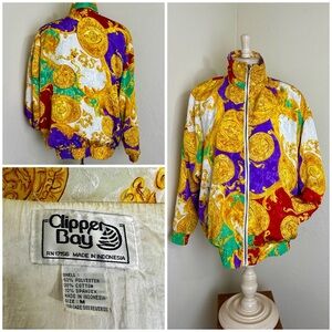 VTG 80s 90s EPIC Clipper Bay Bold Track Suit Jacket Gold Print W's Sz M-L